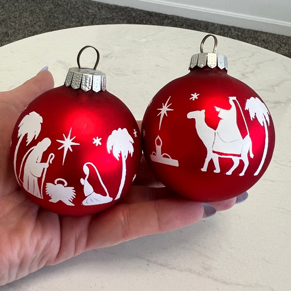 Vintage Red Glass Nativity Christmas Ornaments Set of 2 Holy Family Stenciled